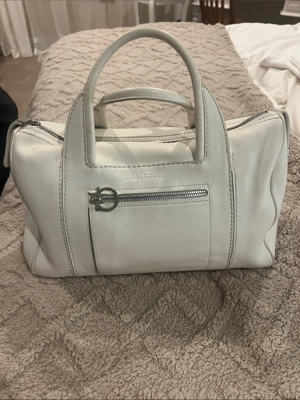 Salvatore Ferragamo White Leather Satchel with Silver Hardware